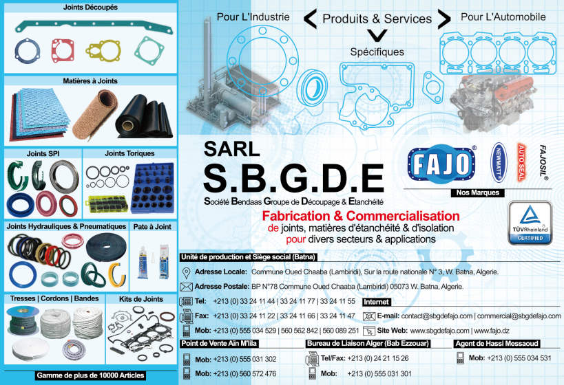 SBGDE FAJO, société de fabrication et commercialisation de joints, matières d'étanchéité et d'isolation en Algerie.